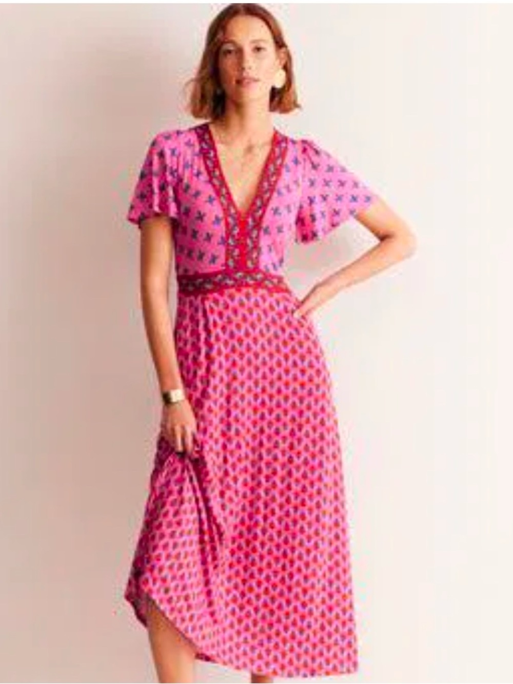 Boden Pink Floral Ellie Maxi Tea Dress Short Flutter Sleeve US 0R